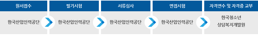 1.원서접수/ 한국산업인력공단 2.필기시험/한국산업인력공단 3. 서류심사/한국산업인력공단 4. 면접시험/한국산업인력공단 5. 자격연수 및 자격증교부/한국청소년 상담복지 개발원