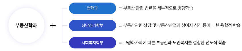 부동산학과
				+ 법학과 = 부동산 관련 법률을 세부적으로 병행학습
				+ 상담심리학부 = 부동산관련 상담 및 부동산산업의 참여자 심리 등에 대한 융합적 학습
				+ 사회복지학부 = 고령화사회에 따른 부동산과 노인복지를 결합한 선도적 학습