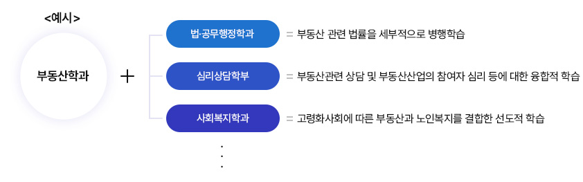 부동산학과
				+ 법학과 = 부동산 관련 법률을 세부적으로 병행학습
				+ 상담심리학부 = 부동산관련 상담 및 부동산산업의 참여자 심리 등에 대한 융합적 학습
				+ 사회복지학부 = 고령화사회에 따른 부동산과 노인복지를 결합한 선도적 학습