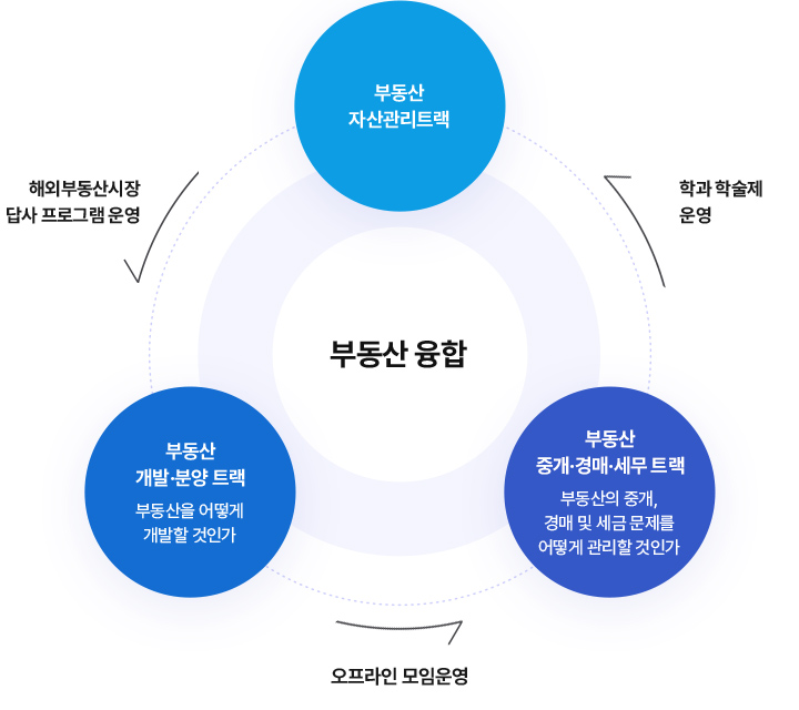 부동산 융합
		부동산 자산관리트랙 ->(해외부동산시장 답사 프로그램 운영) -> 부동산 개발 분양트랙 (부동산을 어떻게 개발할 것인가) -> (오프라인 모임 운영) -> 부동산 중개/경매/세무 트랙(부동산의 중개, 경매 및 세금문제를 어떻게 관리할 것인가) ->(학과 학술제 운영) -> 다시 처음으로